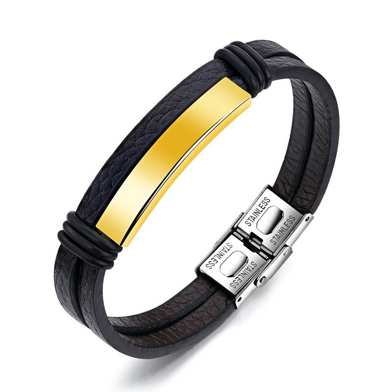 Arihant Stainless Steel Gold Leather Wrist Charm Bracelet For Men 49064