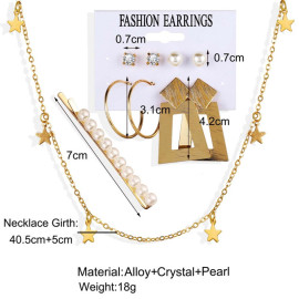 Arihant Marvelous Pearl Gold Plated Geometric Earrings with Hair Clip and Necklace for Women/Girls 49533