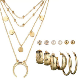 Arihant Gold Plated Layered Necklace and Gold Plated Set of 6 Contemporary Studs and Hoop Earrings Combo For Women and Girls