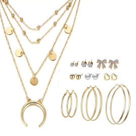 Arihant Gold Plated Layered Necklace and Gold Plated Set of 9 Contemporary Studs and Hoop Earrings Combo For Women and Girls