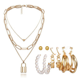 Arihant Gold Plated Layered Necklace and Gold Plated Set of 6 Contemporary Studs and Hoop Earrings Combo For Women and Girls