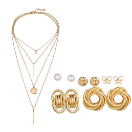 Arihant Gold Plated Layered Necklace and Gold Plated Set of 5 Contemporary Stud Earrings Combo For Women and Girls