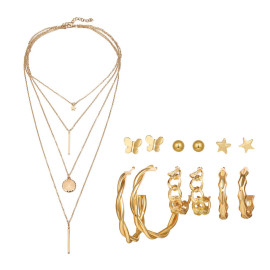 Arihant Gold Plated Layered Necklace and Gold Plated Set of 6 Contemporary Studs and Hoop Earrings Combo For Women and Girls