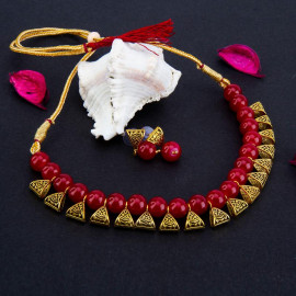 Arihant Gold-Toned GP Red Pearl Necklace Set 44042
