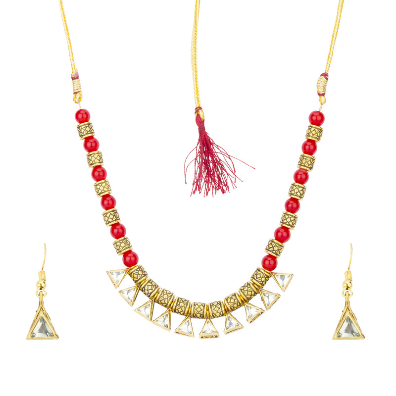 Arihant Red Gold Plated Stone Studded & Beaded Jewellery Set 44136