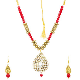 Arihant Red Gold Plated Stone Studded & Beaded Jewellery Set 44141