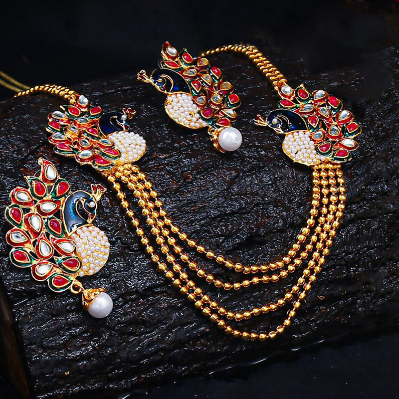 Arihant Designer Mayur Design Multi Layer Pearl Gold Plated Elegant Necklace Set for Women/Girls 44144