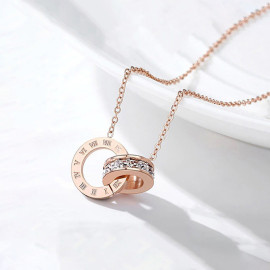 Arihant Rose Gold Plated Stainless Steel Roman Numerals Pendant with Cubic Zirconia