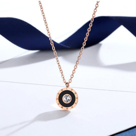 Arihant Rose Gold Plated Stainless Steel Roman Numerals Black Circular Pendant with Cubic Zirconia