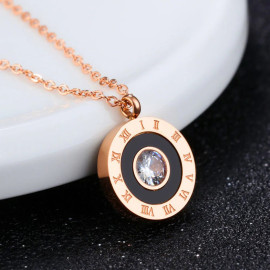 Arihant Rose Gold Plated Stainless Steel Roman Numerals Black Circular Pendant with Cubic Zirconia