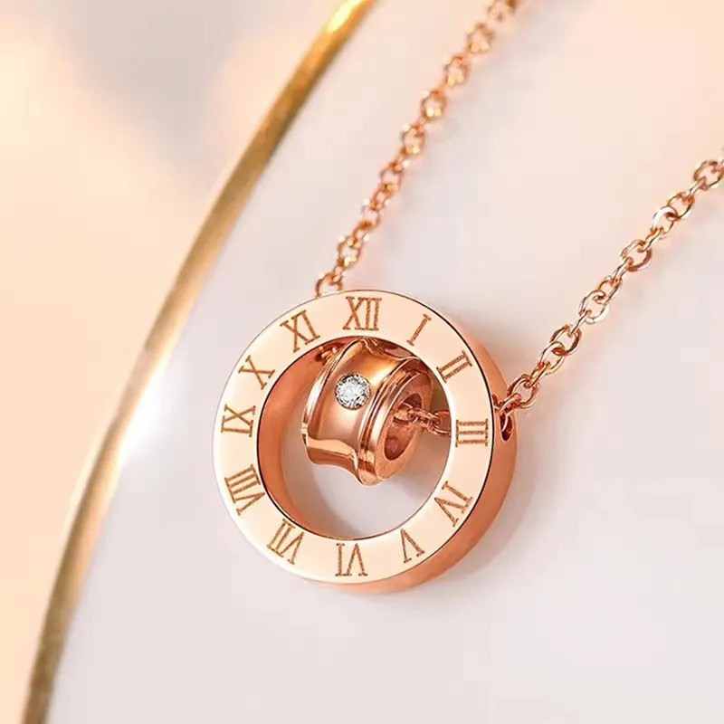 Arihant Rose Gold Plated Stainless Steel Roman Numerals Pendant with Cubic Zirconia