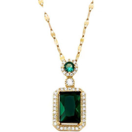 Arihant Stainless Steel Gold Plated Green CZ Stone Roman Numerals Pendant with Rope Chain