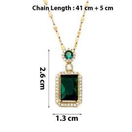 Arihant Stainless Steel Gold Plated Green CZ Stone Roman Numerals Pendant with Rope Chain