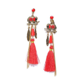 Arihant Antique Gold-Plated & Red Handcrafted Tasselled Contemporary Drop Earrings 35079