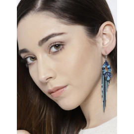 Blue Silver-Plated Beaded Tasselled Handcrafted Drop Earrings 35174