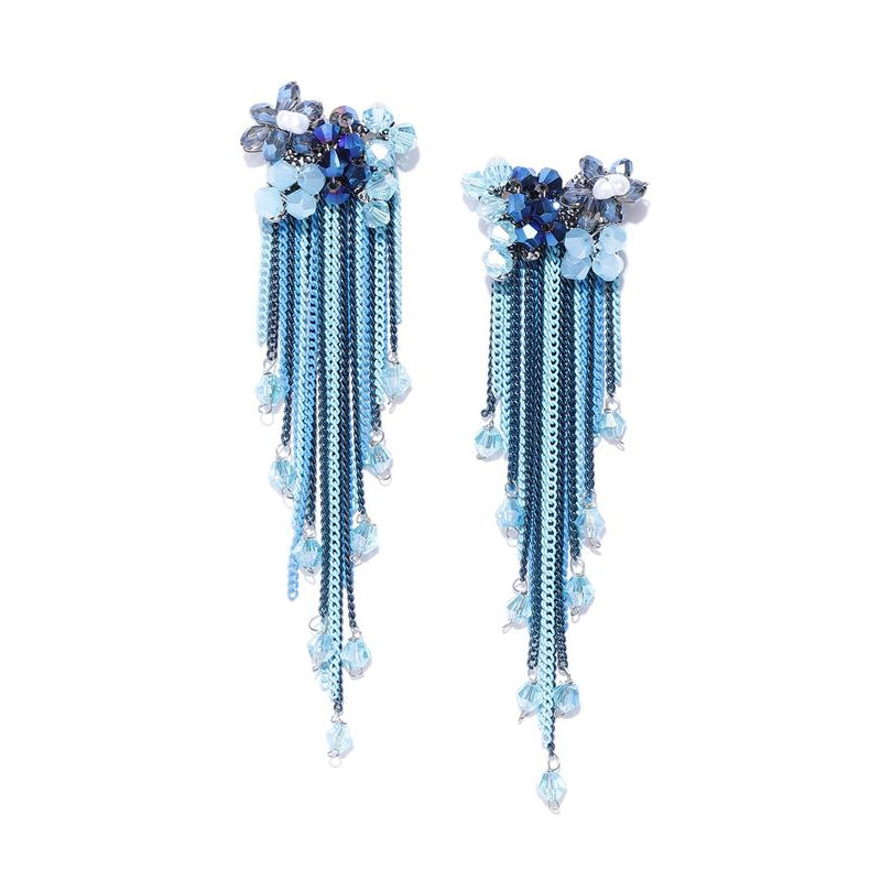 Blue Silver-Plated Tasselled Contemporary Drop Earrings 35176