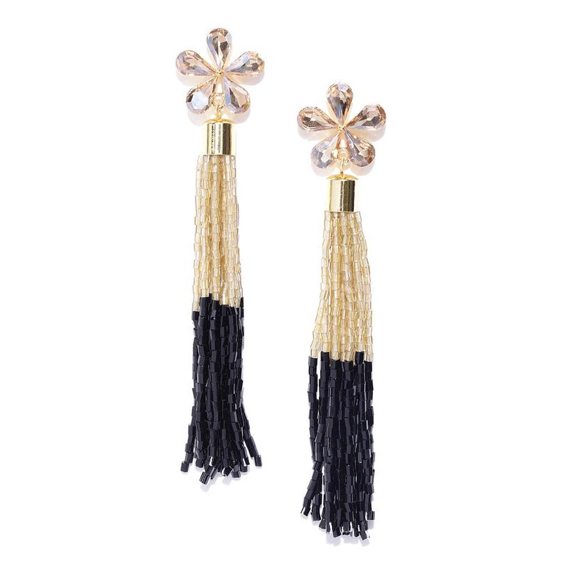 Black Gold-Plated Handcrafted Tasselled Floral Drop Earrings 35197