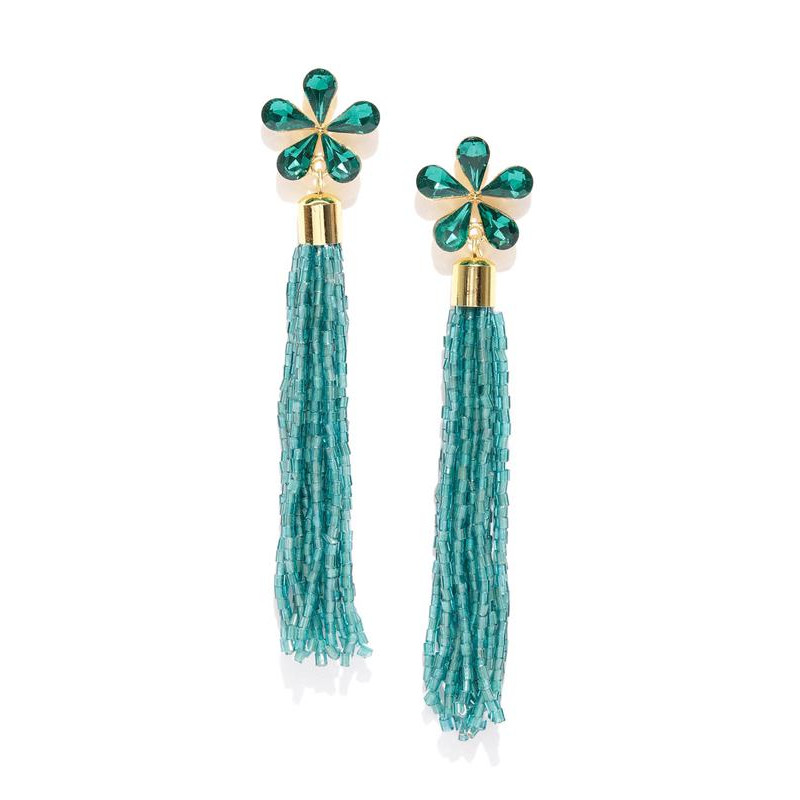 Green Gold-Plated Floral Handcrafted Drop Earrings 35201