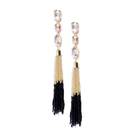 Black Gold-Plated Stone-Studded Handcrafted Tasselled Drop Earrings 35204