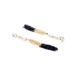 Black Gold-Plated Stone-Studded Handcrafted Tasselled Drop Earrings 35204