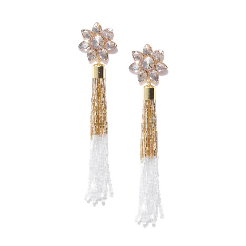 White Gold-Plated Handcrafted Tasselled Floral Drop Earrings 35214