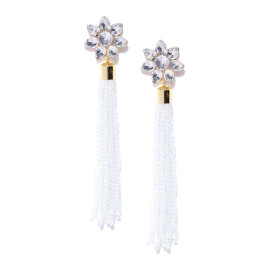 White Gold-Plated Stone-Studded Handcrafted Tasselled Floral Drop Earrings 35216