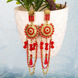 Arihant Red Antique Beaded Handcrafted Drop Earrings 35223