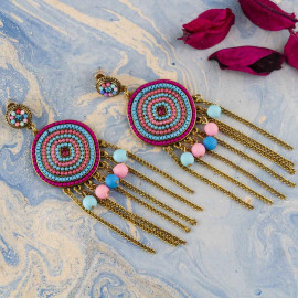 Arihant Pink And Blue Beaded Handcrafted Circular Drop Earrings 35262