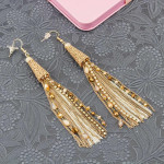 Arihant Beige Beaded Tasselled Handcrafted Drop Earrings 35344