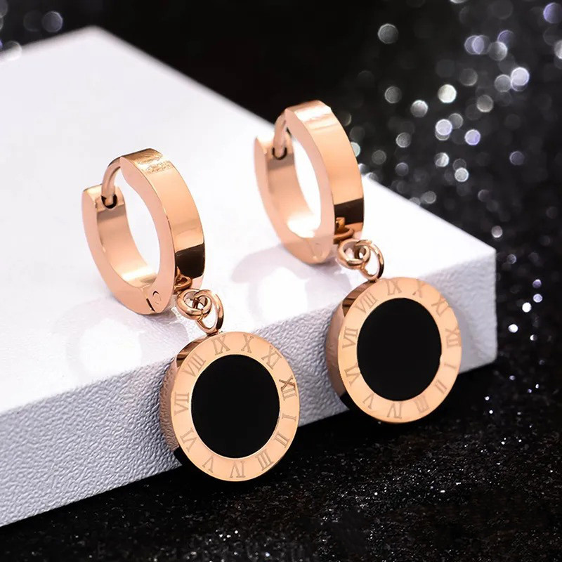 Arihant Rose Gold Plated Stainless Steel Circular Roman Numerals Drop Earrings