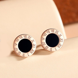 Arihant Stainless Steel Rose Gold Plated Roman Numerals Black Center Stud Earrings