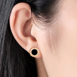 Arihant Stainless Steel Rose Gold Plated Roman Numerals Black Center Stud Earrings