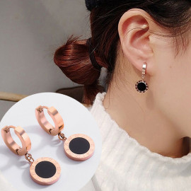 Arihant Rose Gold Plated Stainless Steel Circular Roman Numerals Drop Earrings