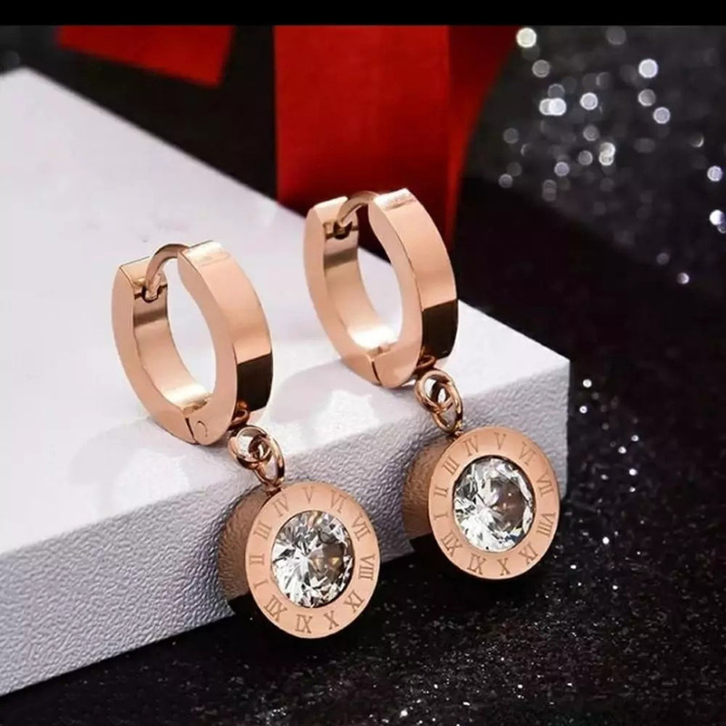 Arihant Rose Gold Plated Stainless Steel Circular CZ Studded Roman Numerals Drop Earrings