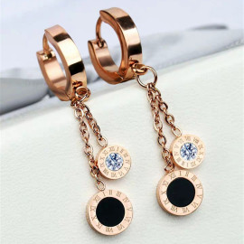 Arihant Rose Gold Plated Stainless Steel Circular CZ Studded Roman Numerals Dual Drop Earrings