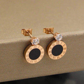 Arihant Rose Gold Plated Stainless Steel CZ Studded Black Center Roman Numerals Stud Earrings