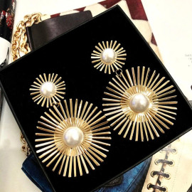 Arihant Gold Plated Dual Sun Shaped Korean Pearl Drop Earrings