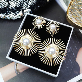 Arihant Gold Plated Dual Sun Shaped Korean Pearl Drop Earrings