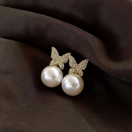 Arihant Gold Plated AD and Pearl Butterfly Korean Drop Earrings