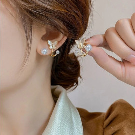 Arihant Gold Plated Korean Dual Pearl Butterfly Stud Earrings