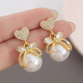 Arihant Gold Plated Korean AD Heart themed Pearl Drop Earrings