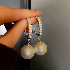 Arihant Gold Plated Beautiful Korean AD and Pearl Off White Circle of Life Drop Earrings