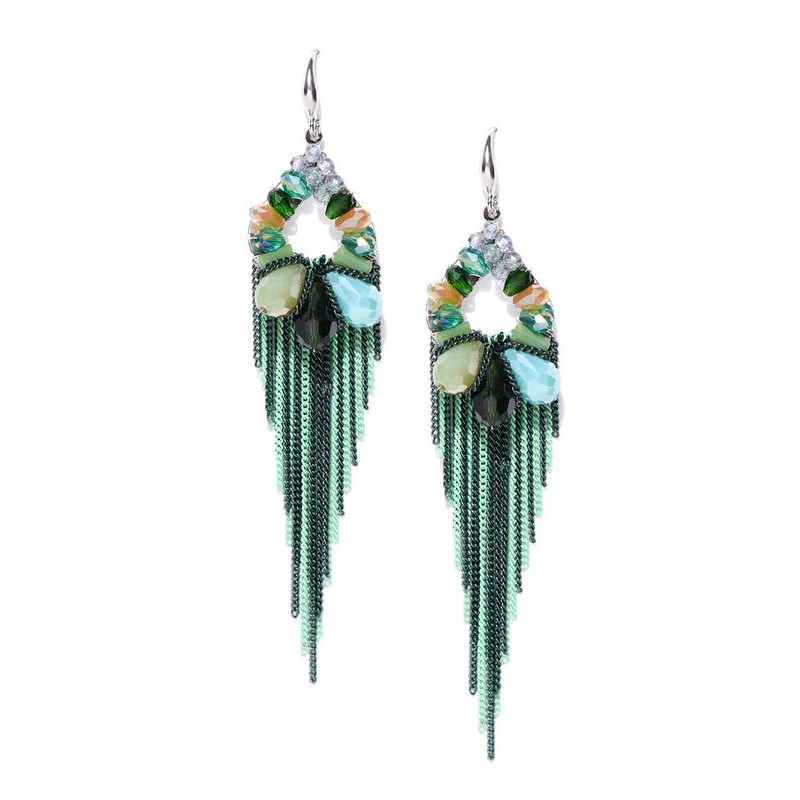 Gold Plated Contemporary Green Chain Tassel Earrings 9524