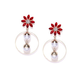 Gold Plated Floral Red Drop Earrings 9582