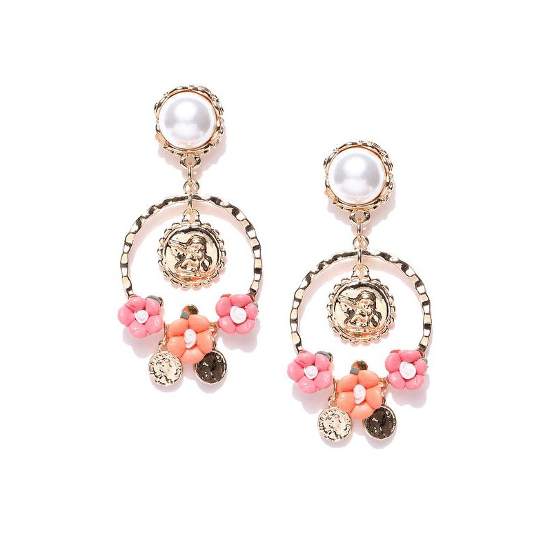 Gold Plated Handcrafted Coin Art Floral Pearl Drop Earrings 9594