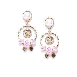 Gold Plated Handcrafted Coin Art Floral Pearl Drop Earrings 9596