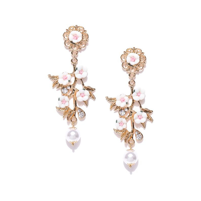 Gold Plated Floral Pink Drop Earrings 9622