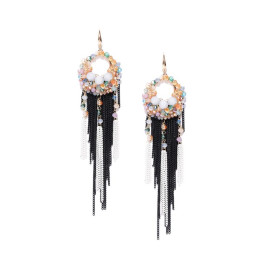 Gold Plated Designer Black and White Chain Tassel Earrings 9662