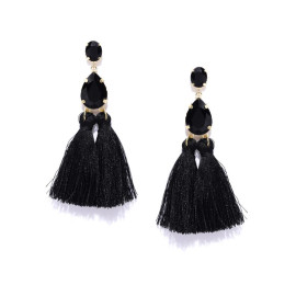 Gold Plated Handcrafted Dual Stone Black Tassel Earrings 9694