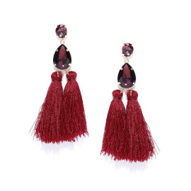 Gold Plated Handcrafted Dual Stone Magenta Tassel Earrings 9698